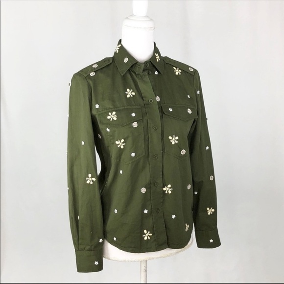 Joie bead embellished military olive green Hayfa shirt button down top XS - Picture 5 of 12